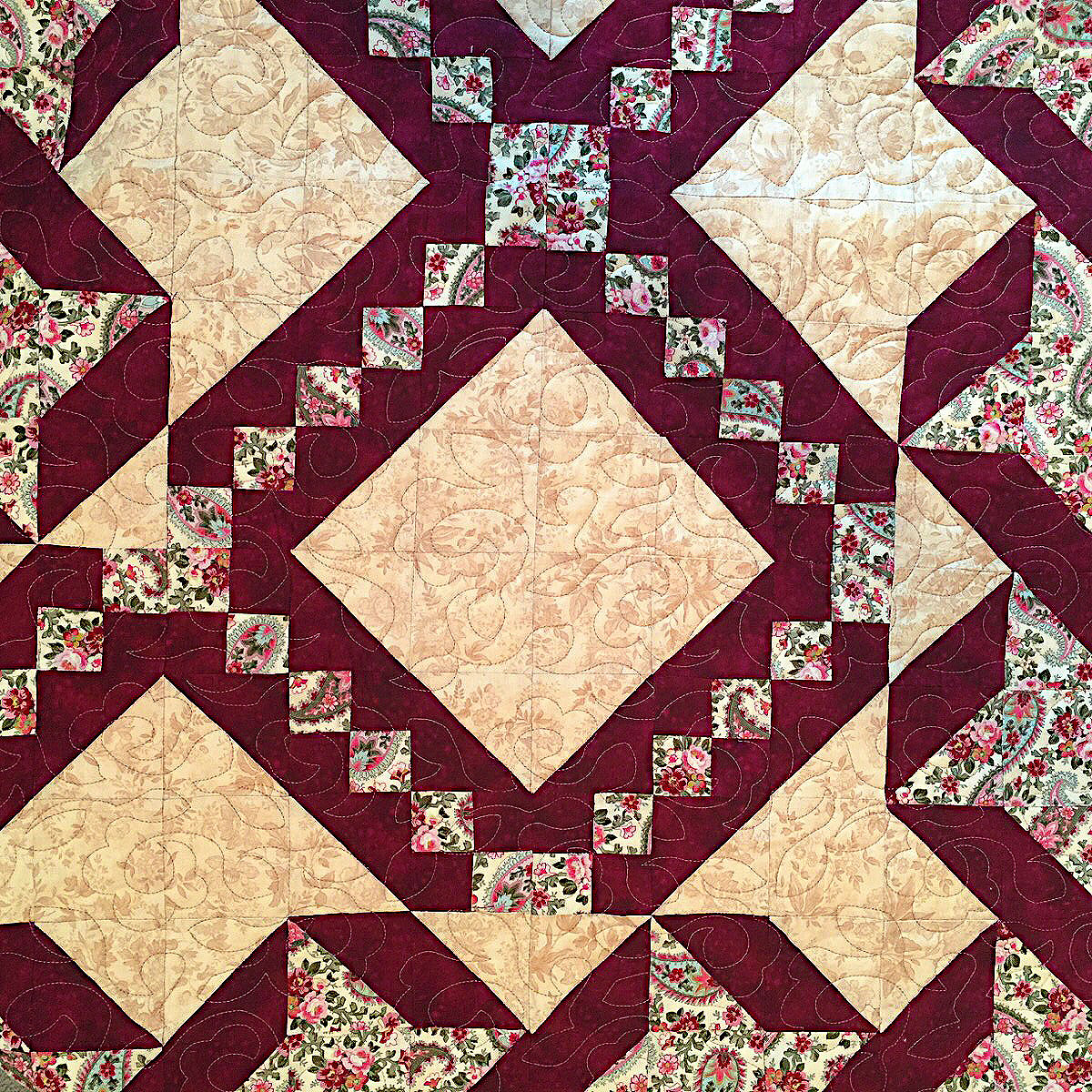 Maroon Traditional Quilt-Field of Flowers Pattern